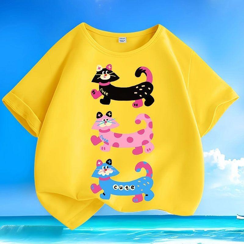 New Arrival Summer Cartoon Big - Face Cat Kids T - Shirts | Trendy & Loose | Crew Neck Short - Sleeve Top for Boys & Girls