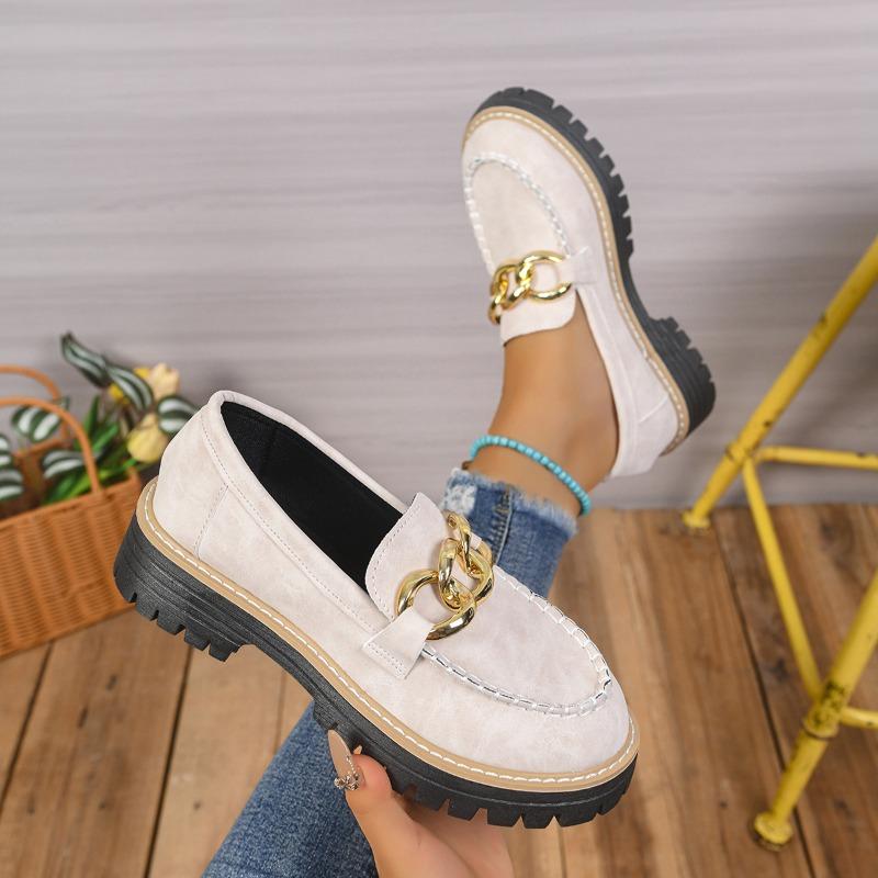 New Style Loafers, Large-sized Metal Buckle Casual Women's Shoes, Thick-soled Single Shoes with Thick Heels