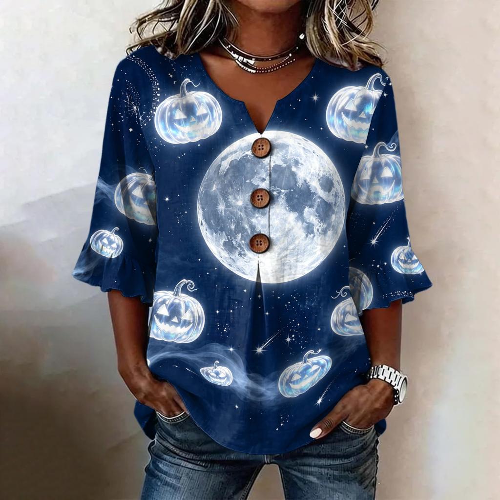 Women's Casual V-Neck Ruffle Sleeve Loose Fit Blouse, Halloween Print Top with All-Over Pattern