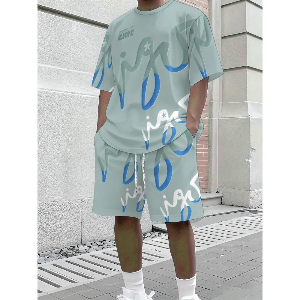 2026 Summer American Men's T-shirt Set for Outdoor Sports Fashion Casual Soft Breathable with 3D Graffiti Pattern Print