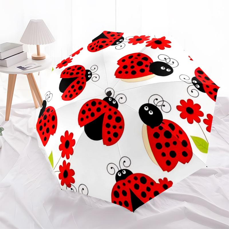 1pc Ladybugs Flowers Automatic Folding Umbrella - Windproof Compact Travel Umbrella with Auto Open/Close, 8-Rib Heavy-Duty Shaft for Women/Men A033
