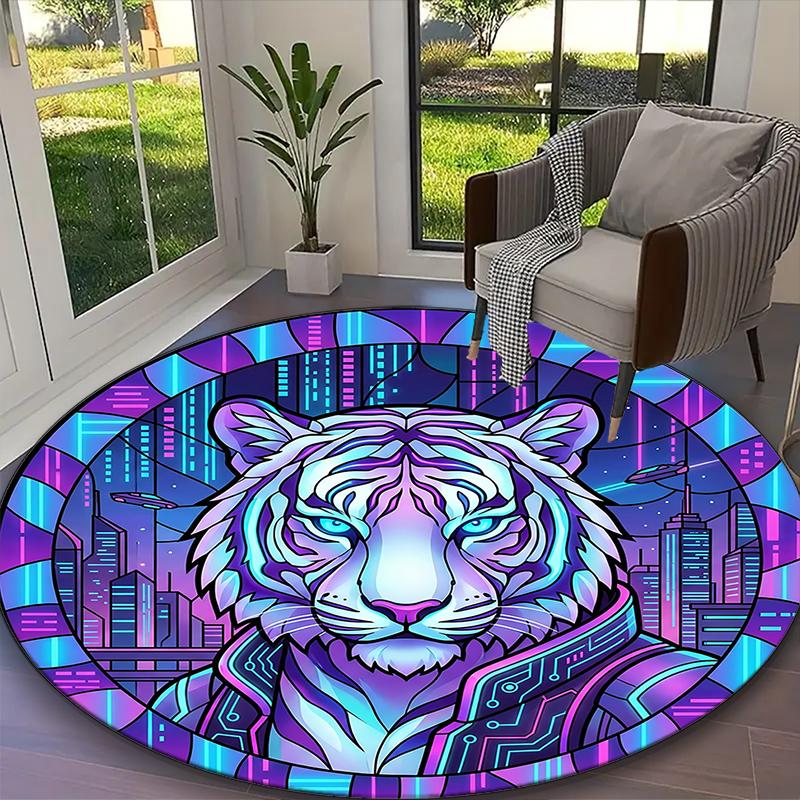 1pc White Tiger D Printed Chair Rug for Home Office Use, Living Room Kitchen Game Room Round Carpet
