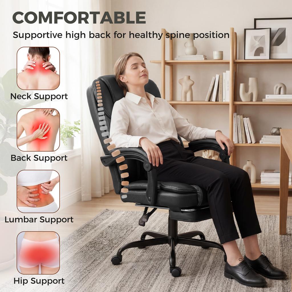 Executive Home Office Chair Reclining Function Footrest Computer Desk Chair High Back Black
