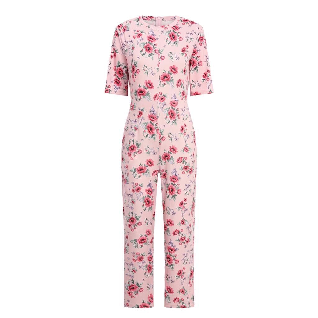 S-3XL Womens Elderly Nursing Floral Print Jumpsuit Short Sleeve Back Zipper Lounging-style Anti-strip Adaptive Rompers for Alzheimer Special Needs