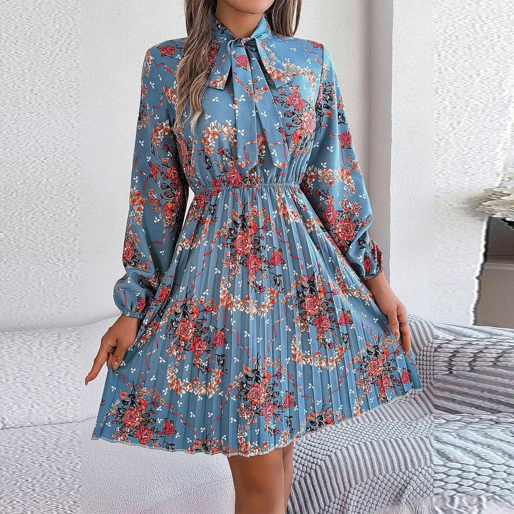 Women's Casual Elegant Flower Print Long Sleeve Tie Waist Long Sleeve Pleated Skirt Dress