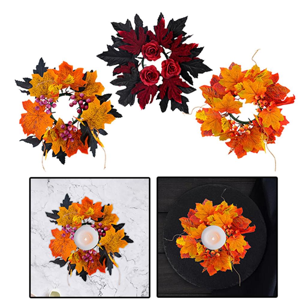 Halloween Candle Ring Wreath Maple Leaf Candle Holder Autumn Candle Rings for Tabletop Living Room Party Thanksgiving Home