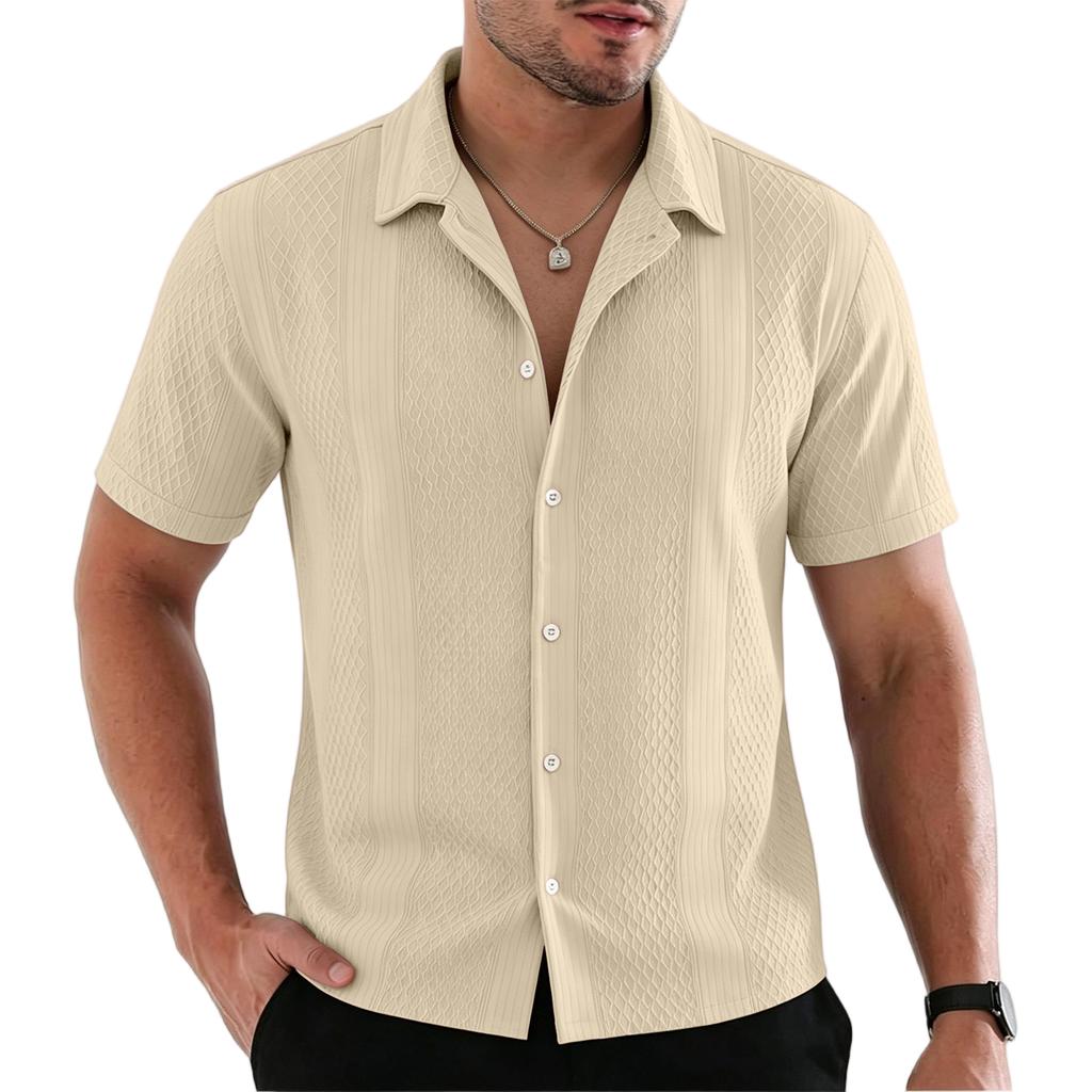 Men's Solid Knit Short Sleeve Shirt French Collar Breathable Hollow Out Button Down Casual Summer Top