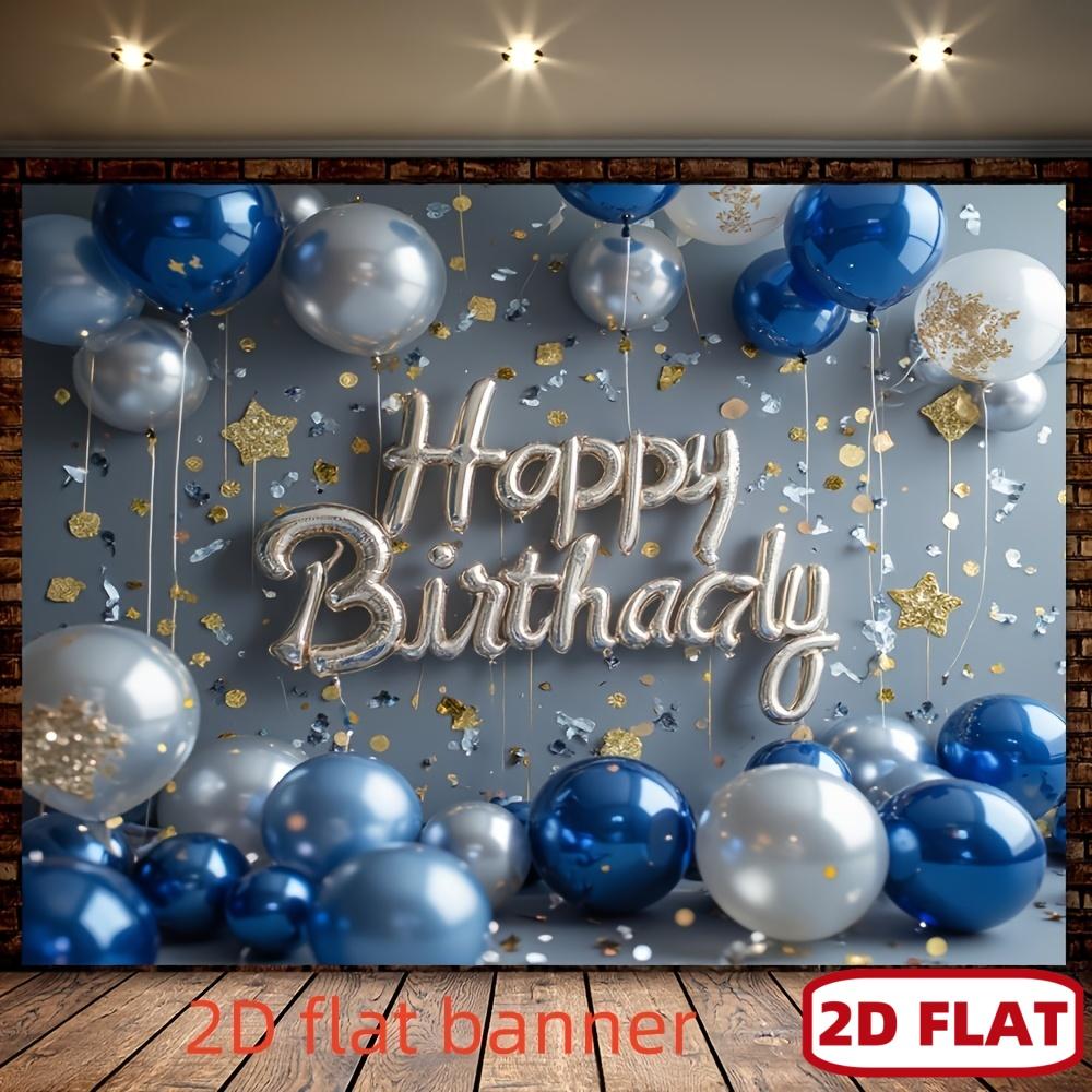 1 pezzo striscione di auguri di compleanno piatto 2D | Dorso per festa in fibra di poliestere blu e argento festa di compleanno
