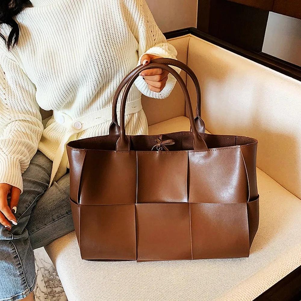 Large Capacity Soft Pu Tote Bag For Women 2024 Luxury Designer Bag Woven Design Shoulder Shopping Handbags Ladies Fashion Purse