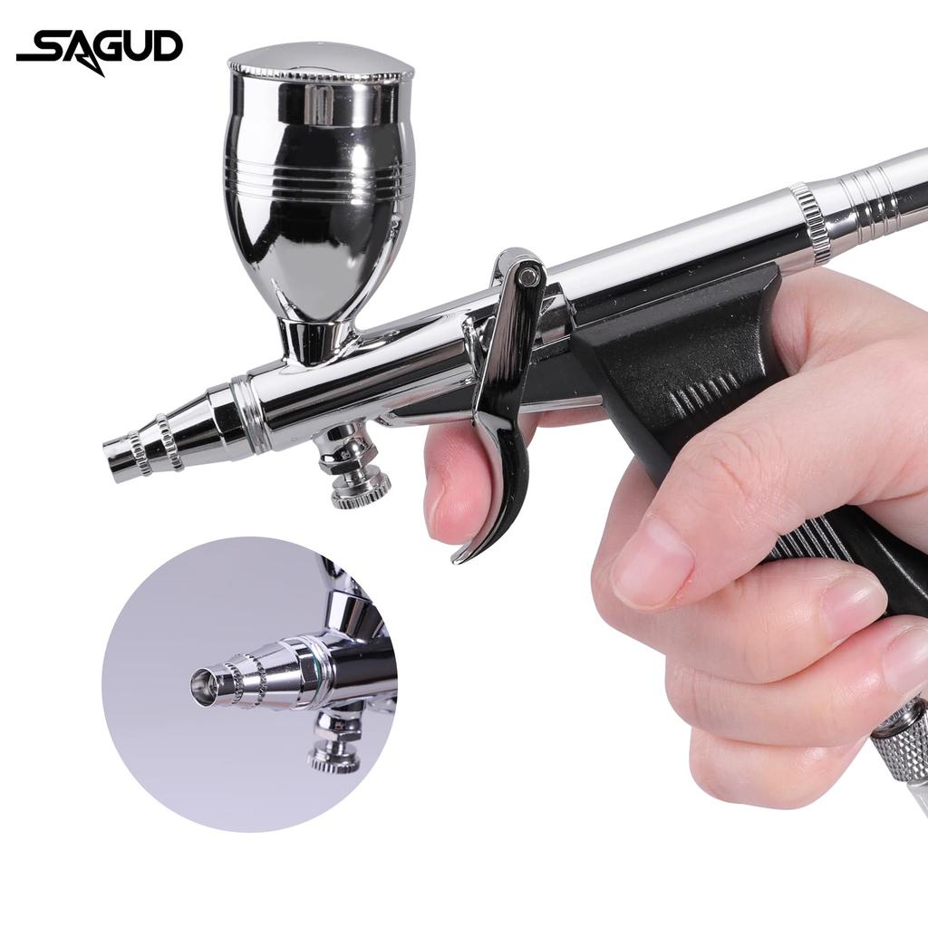 SAGUD Airbrush Gun Set, Single Action Airbrush Pen with 0.3mm, Spare 0.5 and 0.8mm Needles, Airbrush Hose, and 2CC/5CC/13CC Cup Kit