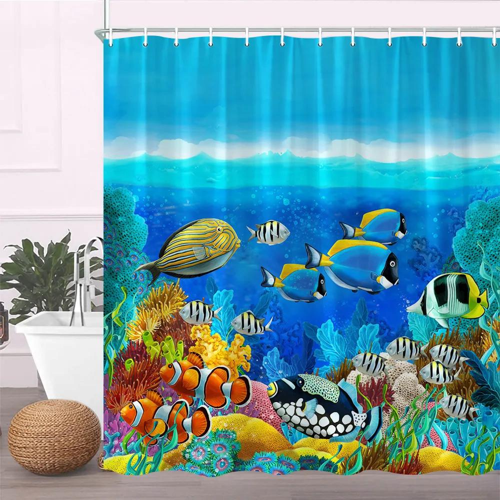 Ocean Duschvorhang Blau Duschvorhänge für Badezimmer Meerestier Polyester Unterwasserlandschaft Badezimmervorhang Set mit Haken