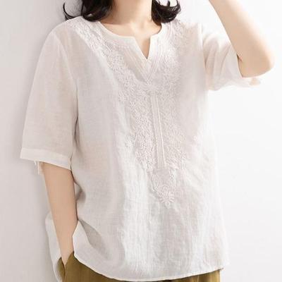 Women's 2024 Summer V-Neck Embroidered Shirt, Loose Fit, Cotton & Linen Blend, Short-Sleeved, Retro Ethnic Style, Solid Color.