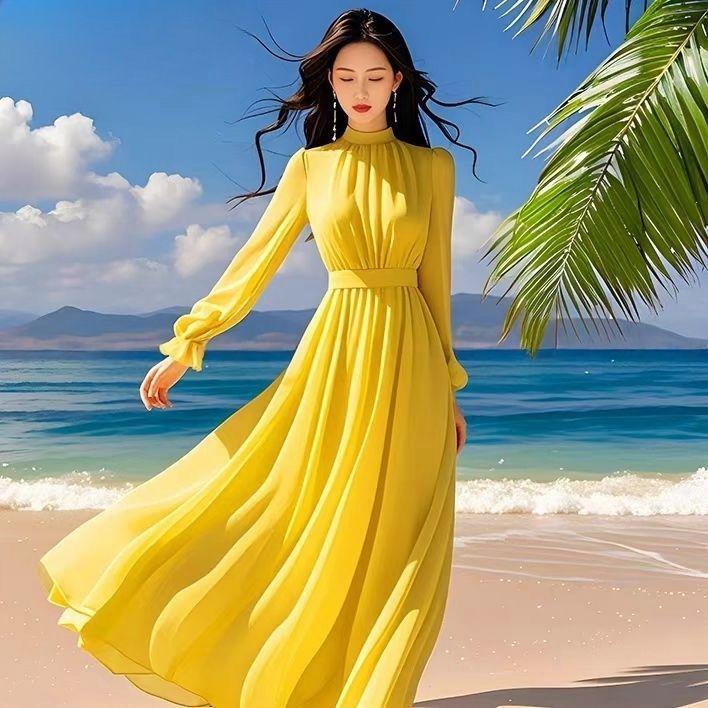 Elegant Women's Purple Long Sleeve Spring-Autumn Seaside Vacation Dress with Waist-Cinched Wide Hem, 2025 New Style.