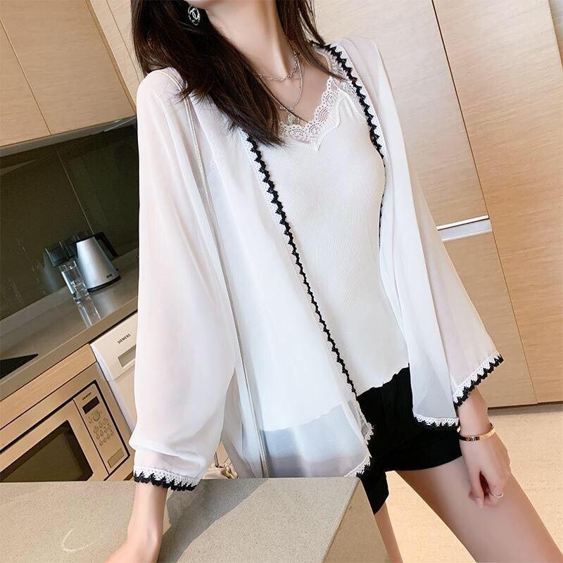 

Летний женский белый кардиган с длинными рукавами, шифоновая рубашка, тонкая шаль, солнцезащитная рубашка XL белый
