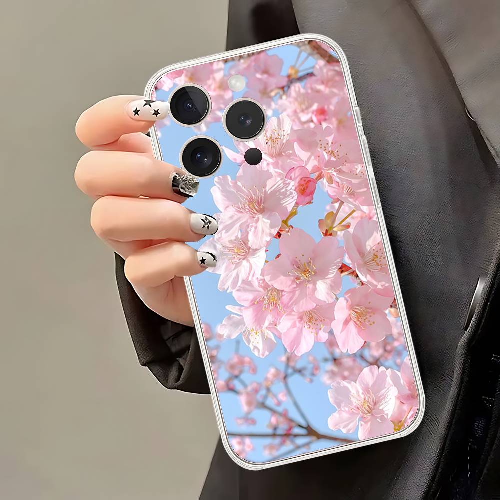 Pink Sakura Phone Case For IPhone 17 16 15 14 Plus 13 12 11 Pro Max Phone Back Cover Transparent Shockproof Cover