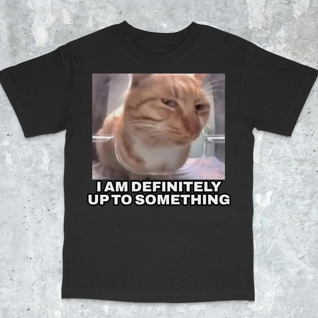 Funny I Am Definitely Up To Something Cat Goofy Cat Shirt Cat Lover Gift Cursed Cat Funny Meme Funny Cat T-Shirt Men Clothing