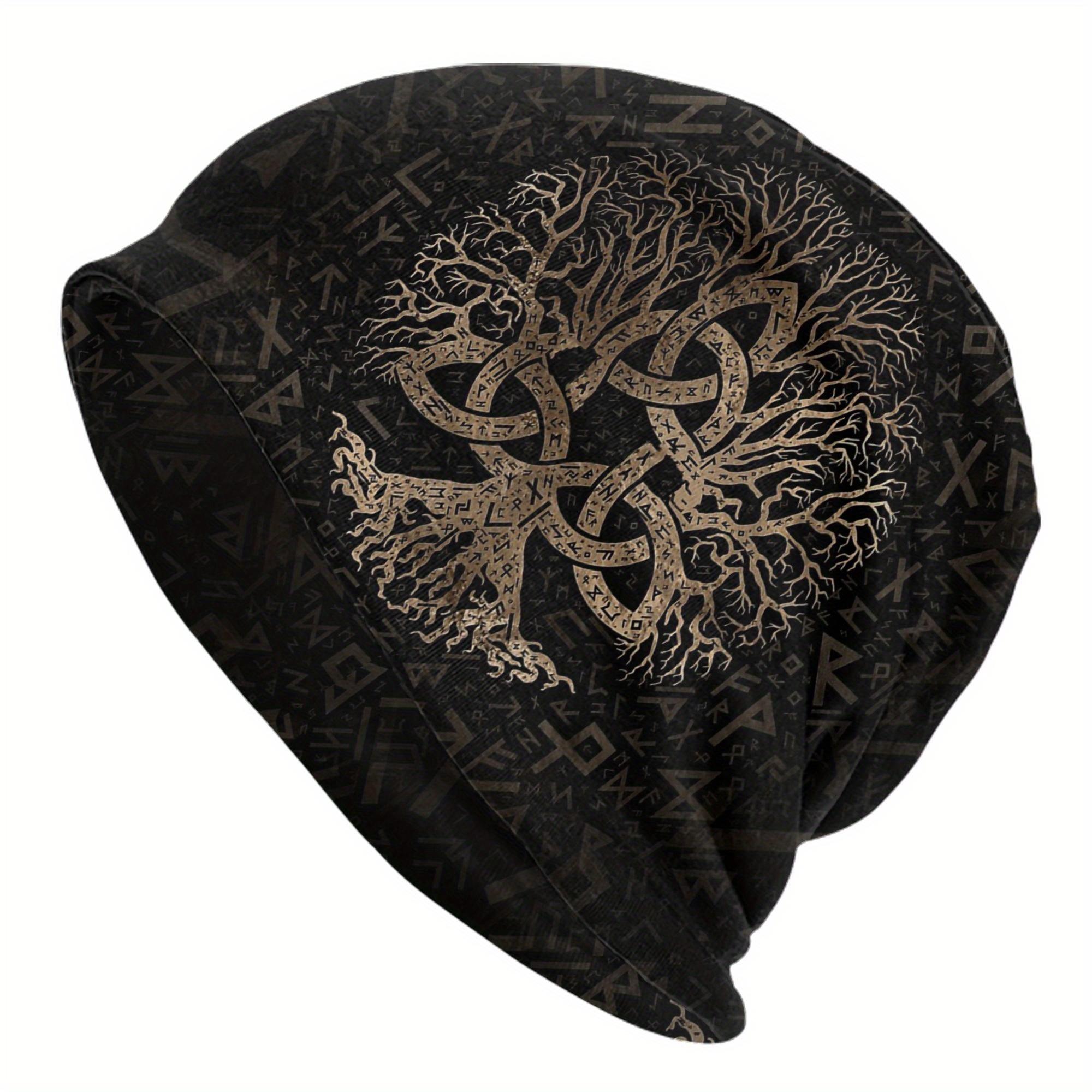 Viking Skullies Beanie Hat Tree of Life Triquetra Knot Futhark Rune Design Black with BeigeWhite Embroidery Nordic Celtic One Size