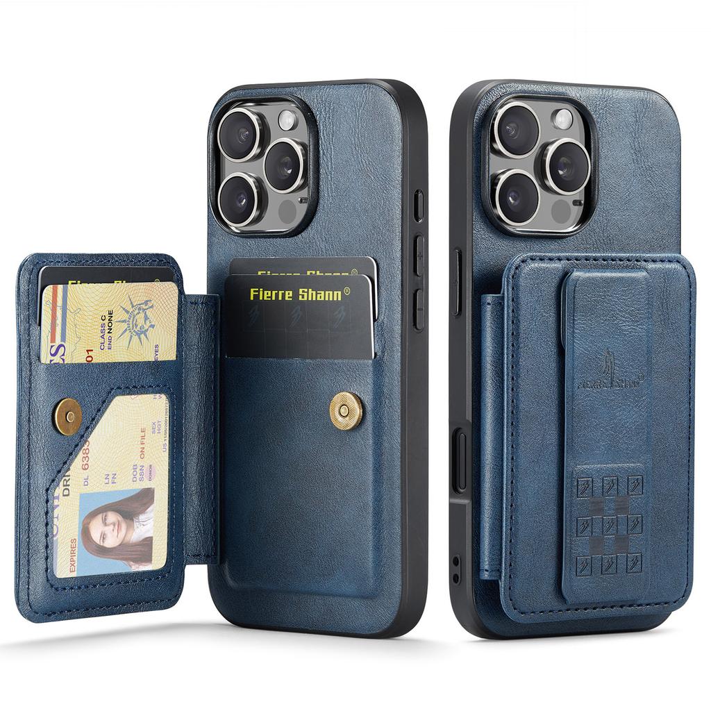 FIERRE SHANN 024 Style For iPhone 16 Pro Case Card Holder Kickstand Waxy Texture Leather+TPU Phone Cover
