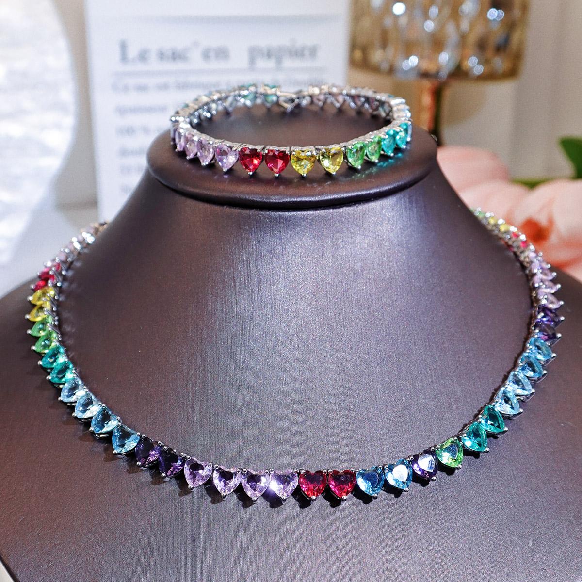 

CMM 2 шт., высокое качество, многоцветный цирконий в форме сердца, серебристый или золотой колье, ожерелье, теннисный браслет, летний стиль, женский комплект ювелирных изделий для вечеринок серебряный