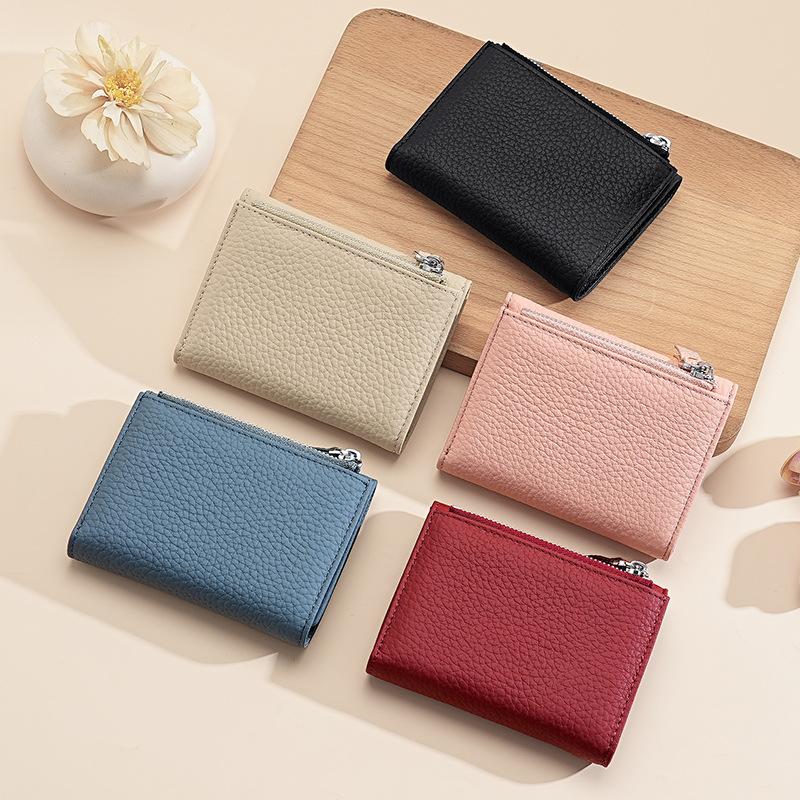 Leather Japanese Wallet Women's Three-fold Credit Card Bag Folding Card Clip Cowhide Lychee Pattern Zipper Change Bag Women