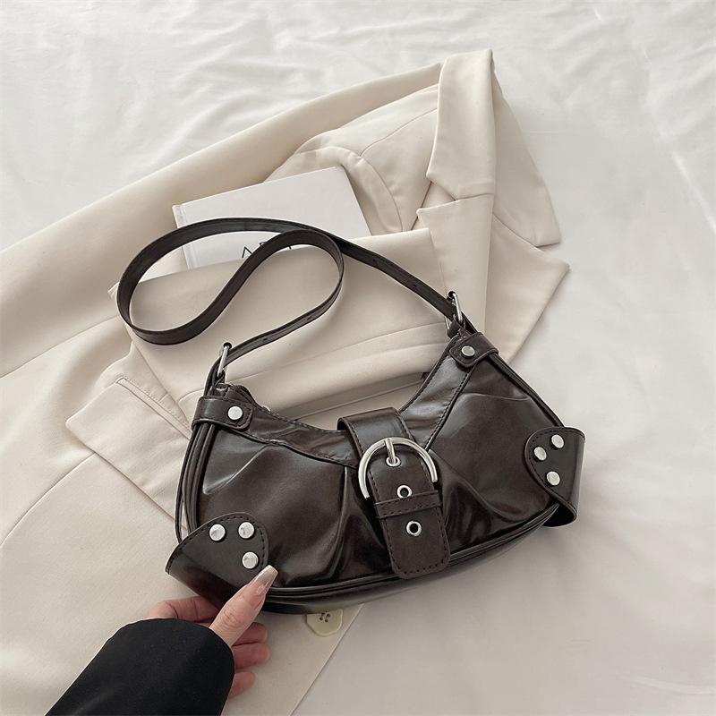 Vintage Y2k Rivet Belt Design Women Pu Shoulder Bags Solid Color Ladies Crossbody Bag Casual Female Hobos Handbags Purse