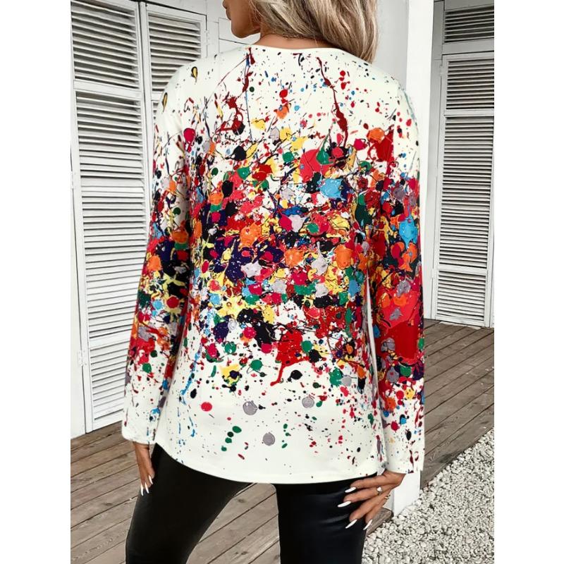 Women's Splatter Print Long - Sleeve T - Shirt, Round Neck, Multicolor Design, Great for Everyday & Fashion - forward Looks