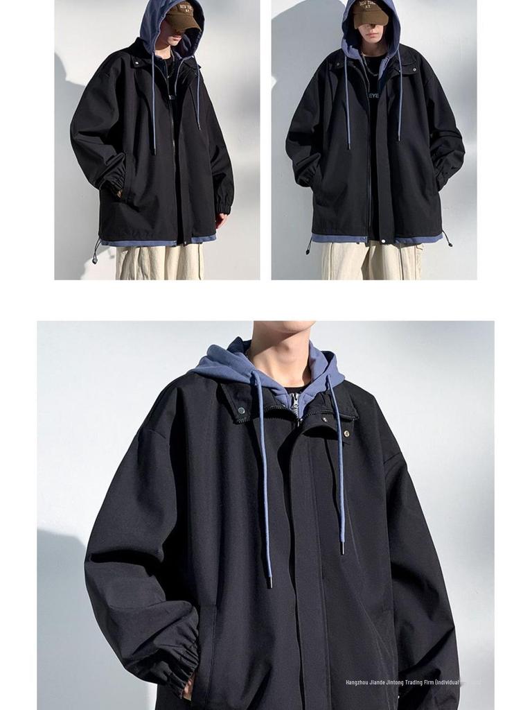 Men's Hooded Cotton Two-Piece Jacket for Spring/Autumn - Casual, Loose, Plus Size & Trendy