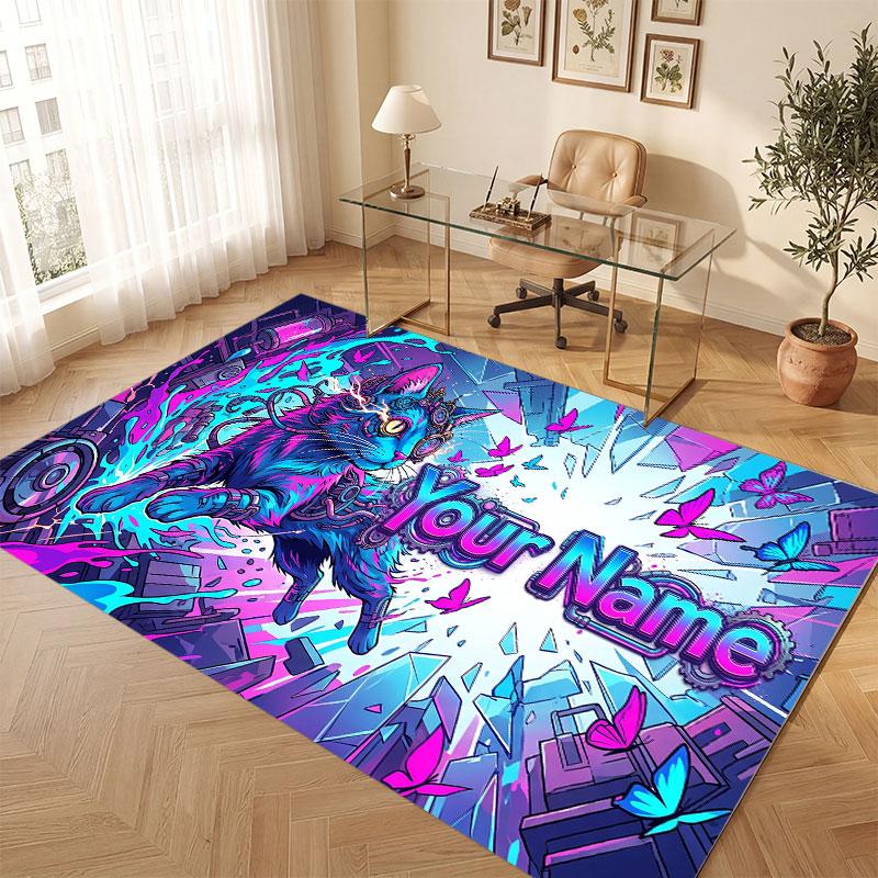 Cat Theme Crystal Velvet Floor Rug Personalized Custom Name Text Warm Carpet Home Decoration