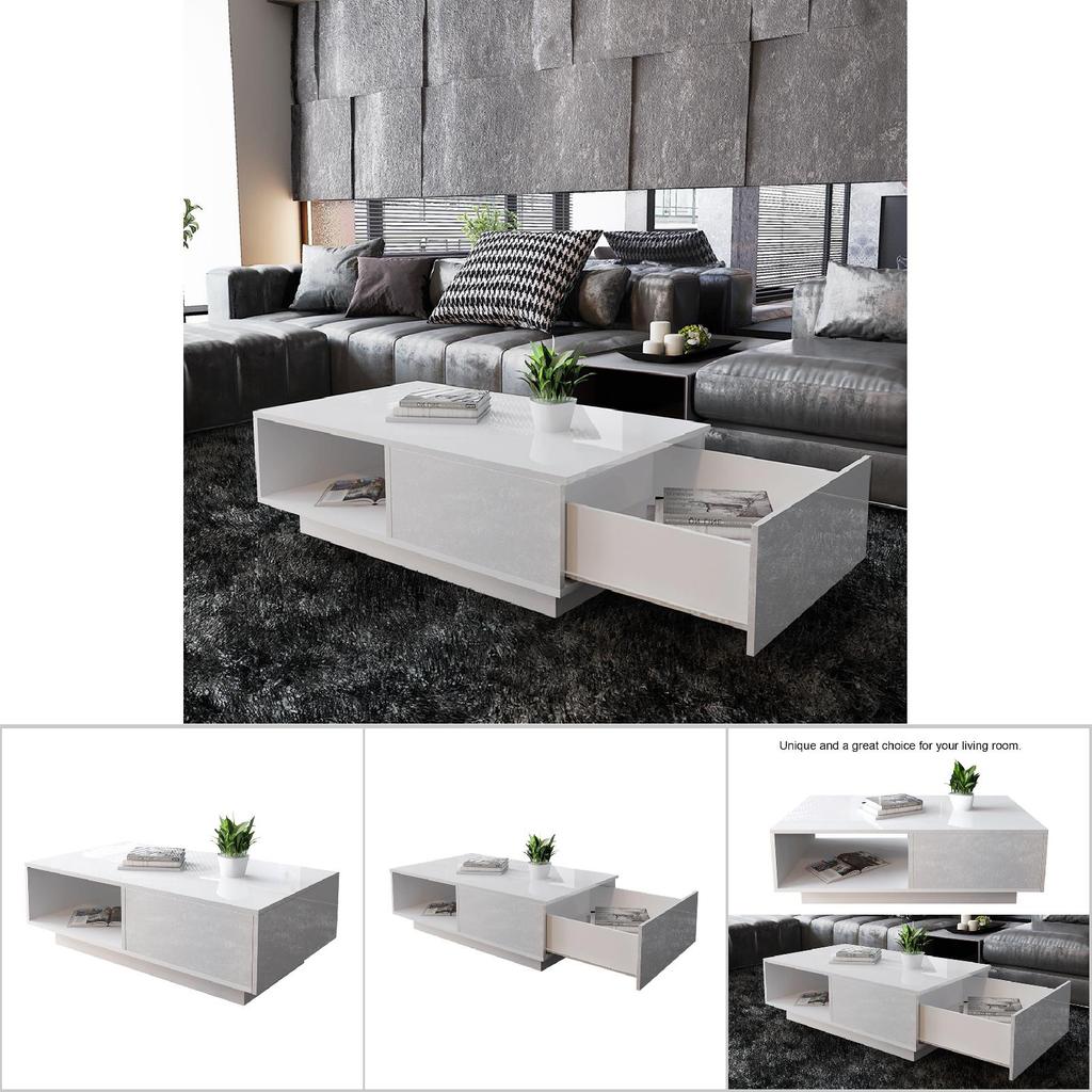 Modern Rectangular Coffee Table Tea Table Storage Living Room(White)