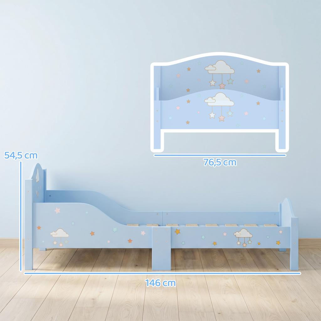 Lit Enfant 70 x 140 cm, Barrière de Sécurité, Motif Nuage, Bleu