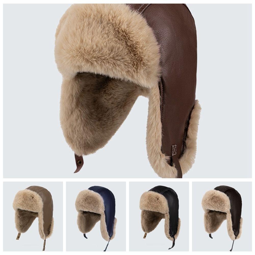Pu Leather Warm Ski Hat Windproof Cycling Lei Feng Hat Casual Plush Hat  Outdoor