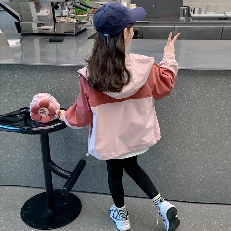 2025 Girls' Fashion Hooded Windbreaker Jacket - Color Block Spring & Autumn Outerwear