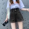 Skinny Fashionable Versatile Black Ultra-high-waist Denim Shorts Female Design Sense Double-button Loose Thin Outside Straight Rolled Wide-leg Pants