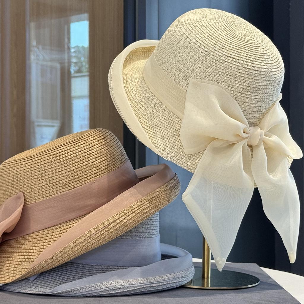 Korean Style Bow Woven Sun Hat for Kids Wide Brim Small Face Summer Outdoor Vacation Style Grass Hat