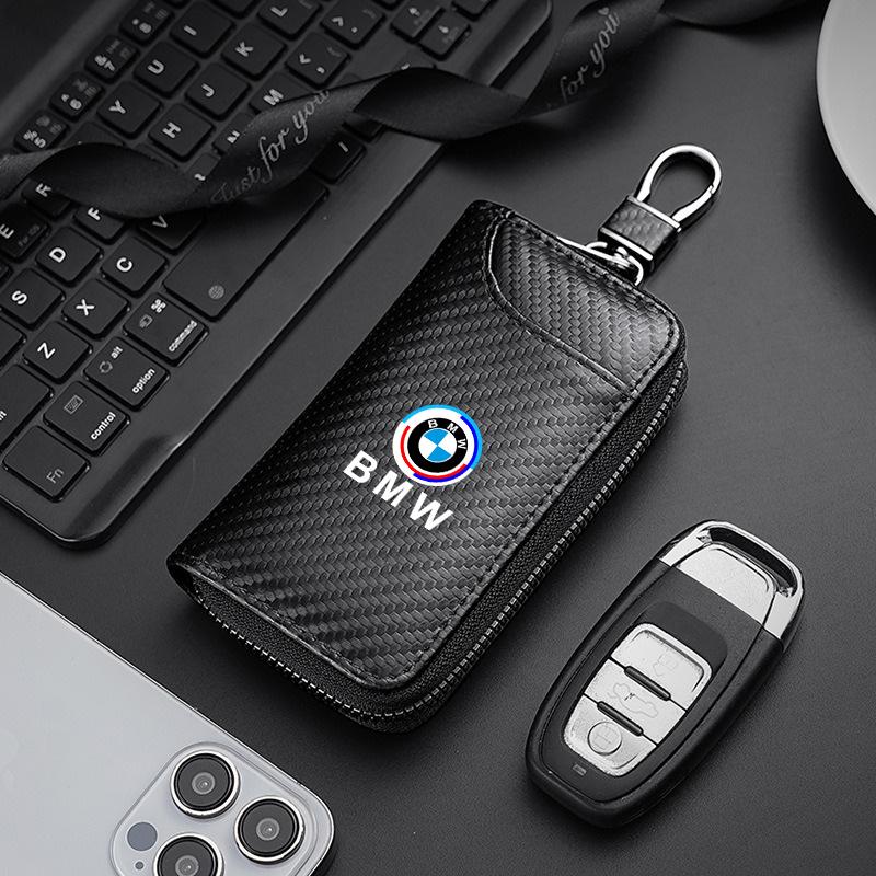BBII7 Carbon Fiber Leather Wallet Car Remote Key Storage Zippers Bag For Bmw 50th Anniversary M E36 F20 E46 E90 E87 E34 X3 X5 X6 M2 M3