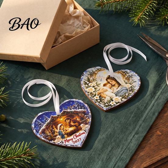 Heart Shaped Nativity Pendants Wooden Hanging Ornament for Christmas Tree Decorations, Retro Religious Ornaments Scene Garland Decoration Holiday Home