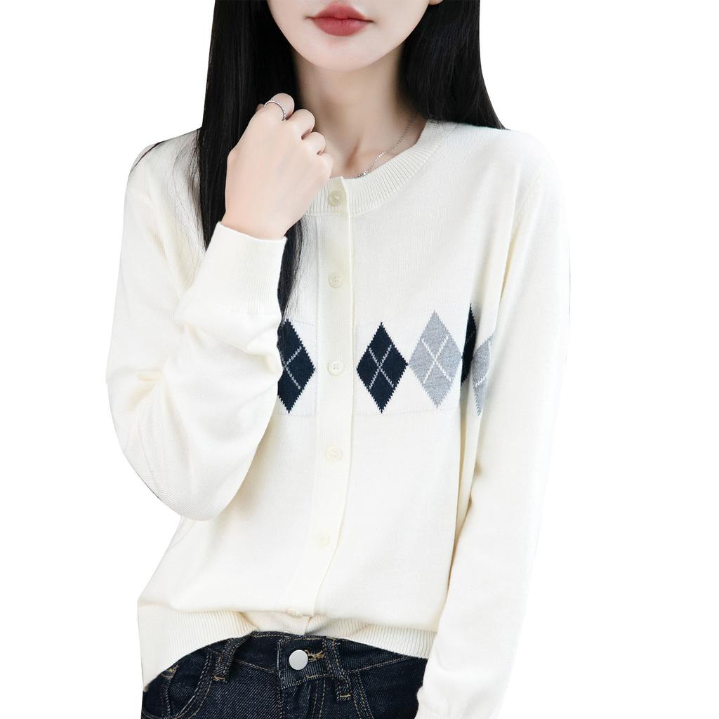 Spring and Autumn New Style Diamond Pattern Color-blocked Women's Knitted Cardigan with Checkered Jacquard Layering Sweater for Women