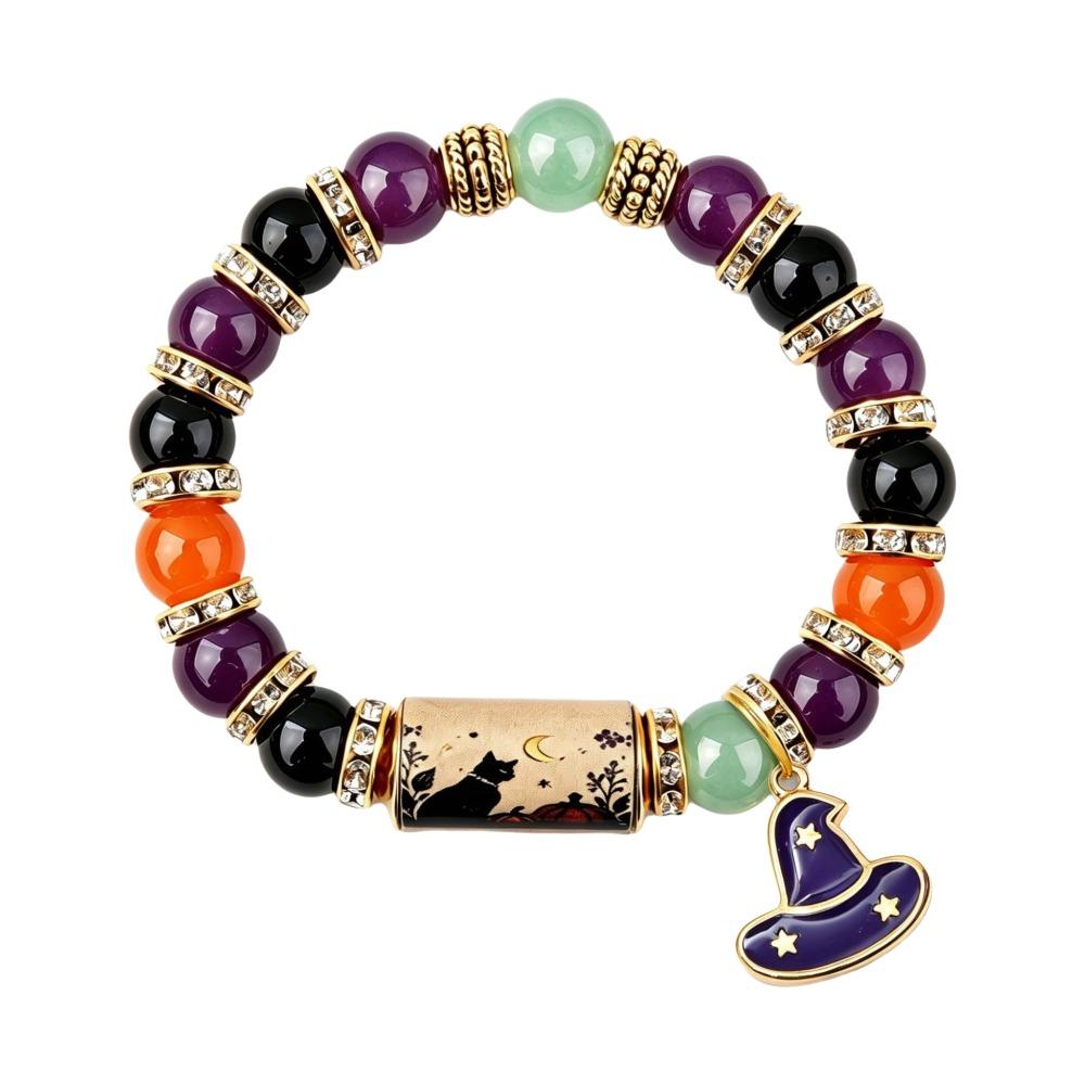 Witch Hat Pendant Beaded Charm Bracelet Black Cat Pumpkin Charm Halloween Party Costume Jewelry