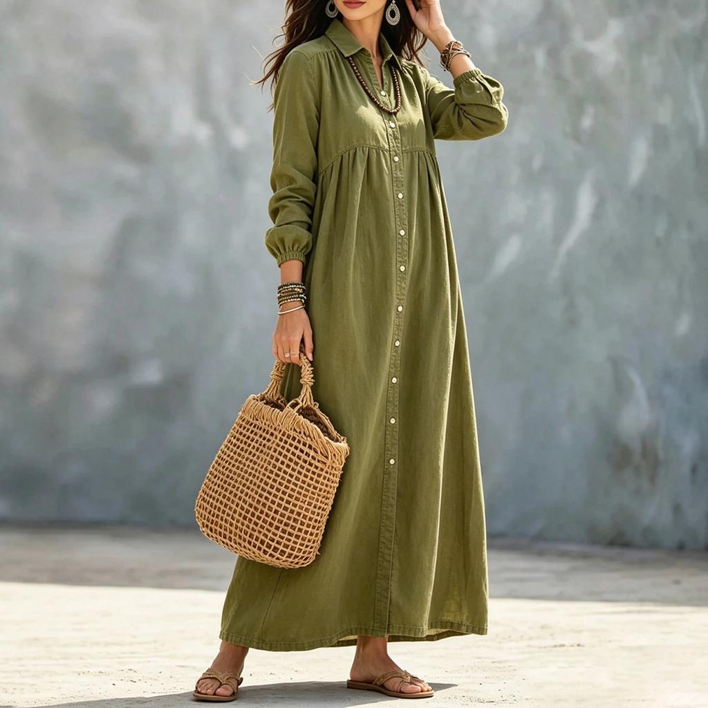 Women's Color Long Shirt Dress with Turn-Down Collar and Single-Breasted Button Front for Casual Wear