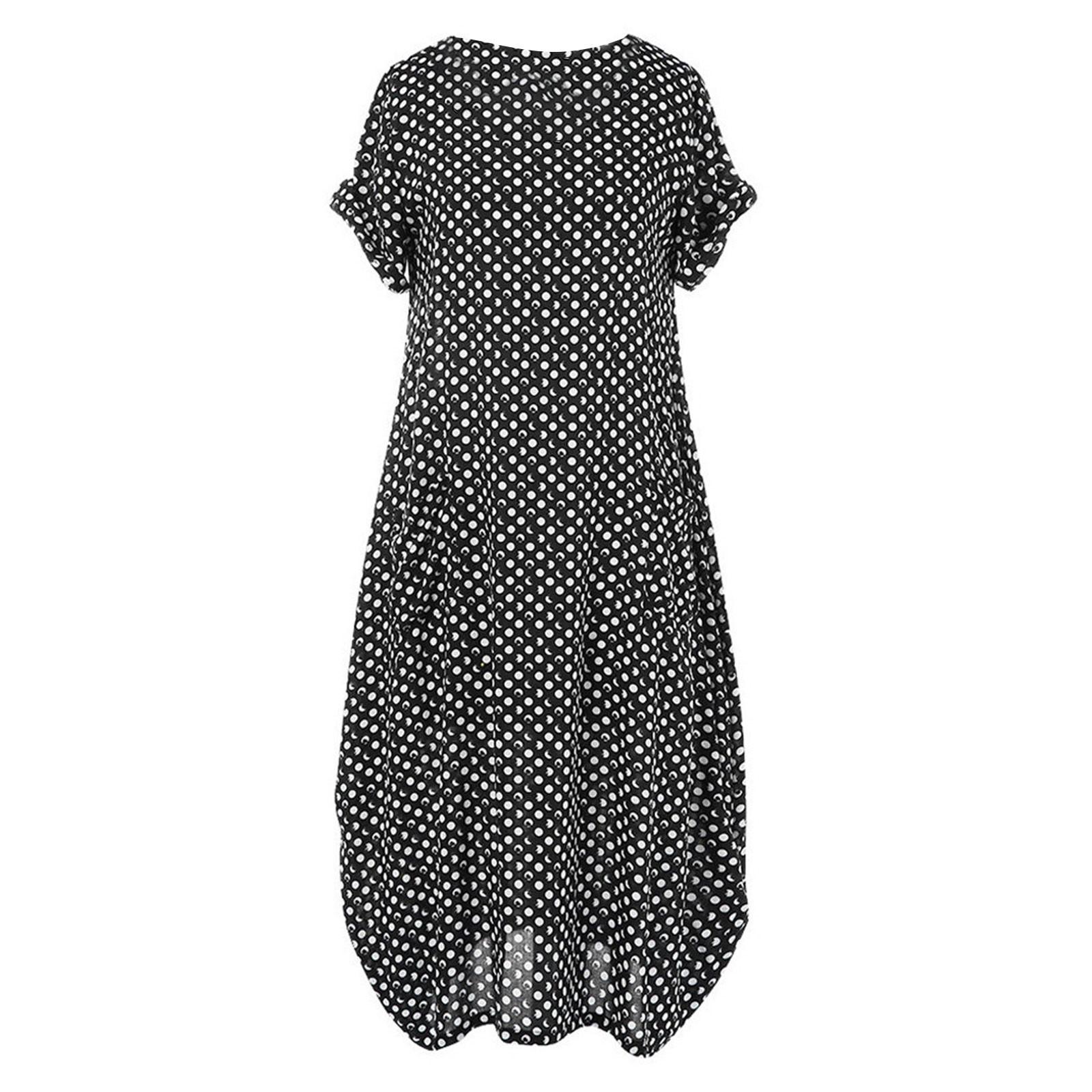 Женское повседневное платье с карманами и горошек с круглым вырезом и коротким рукавом — фото 4