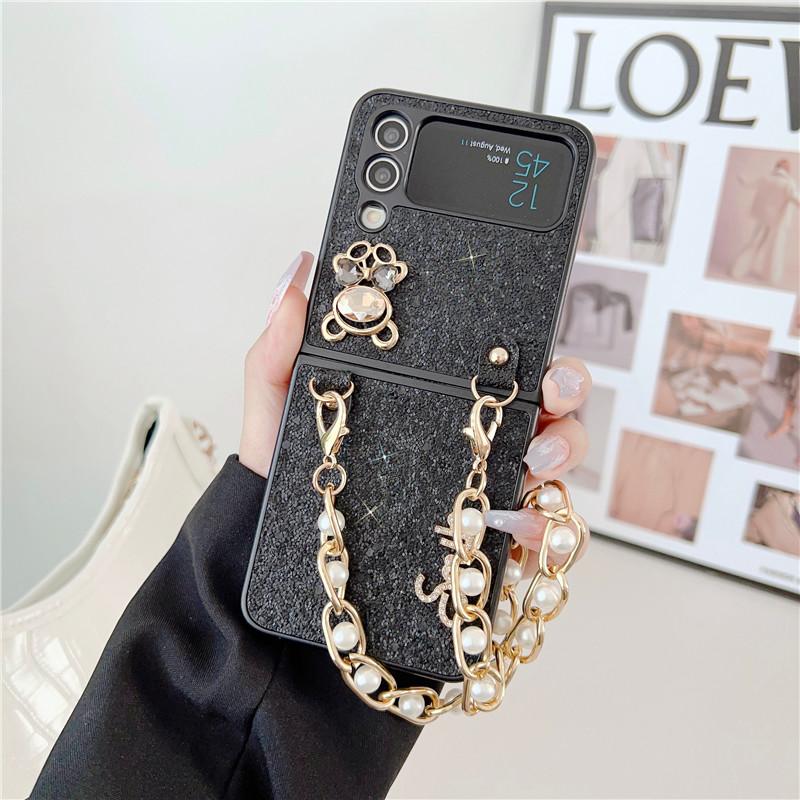 Luxury Cute Bear Glitter Pearl Short Chain Case for Samsung Galaxy Z Flip 4 Case 5G for Galaxy Z Flip3 Shockproof Cover
