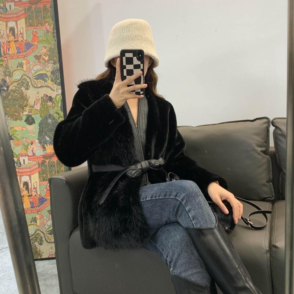 New Fur Belt, Thin Model, Environmentally Friendly Fluffy Thin Jacket, Women's Medium Length