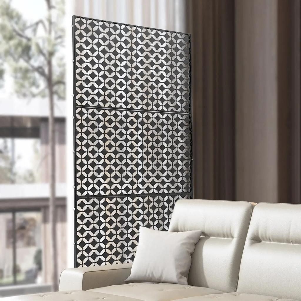 Black Freestanding Privacy Fence Screen 35x75in Laser-Cut 3-Panel Outdoor Partition for Garden Deck Room Devider