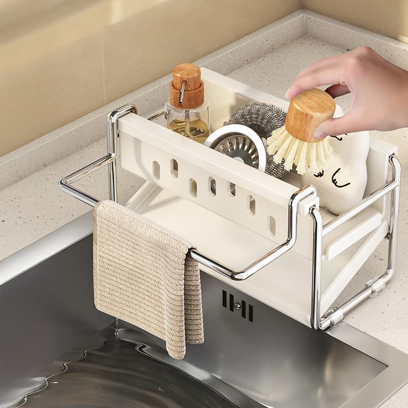 Sink Stainless Steel Shelf Desktop Cleaning Tool Storage Rack Sponge Dish Soap Draining Rack With Towel Bar Kitchen Organizer