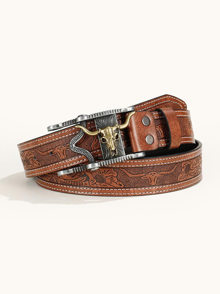 High Quality Pu Leather Belt With Bohemian Alloy Buckle For Men In Ethnic Style With Bull Head Print