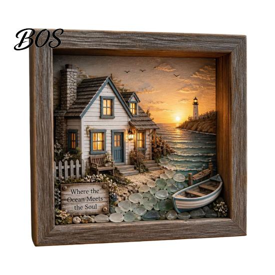 Tabletop Decorative Light Sea Glass Art Painting with LED Light, DIY Mosaic Arts and Craft Kit, Desk Accessory Ocean Themed Beach Kit for Home Office