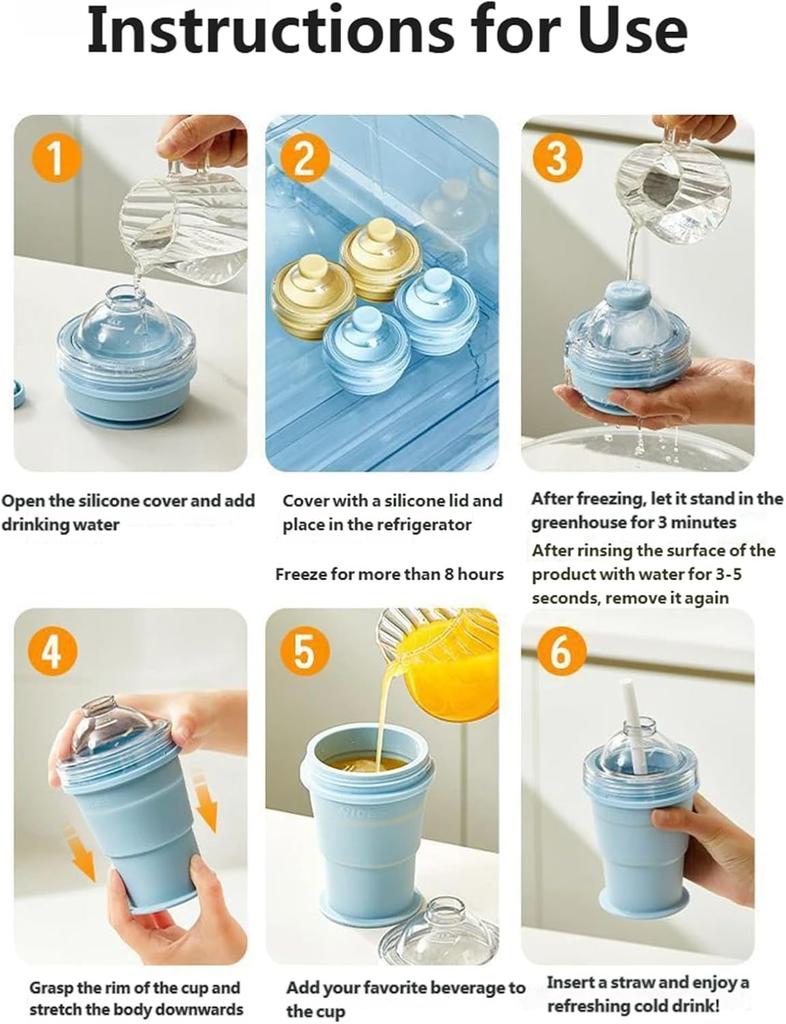 Portable Folding Ice Ball Cup 2 in 1 Silicone Ice Ball Maker Cup with Leak-resistant Lid & Straw for Travel Camping Cocktails