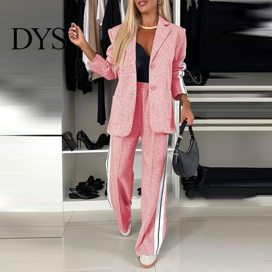 Women Coat Pants Suit 2 Pcs/Set Lady Formal Set Turn-down Collar Single-breasted Long Sleeves Button Decor Trousers Jacket Loose Striped Wide