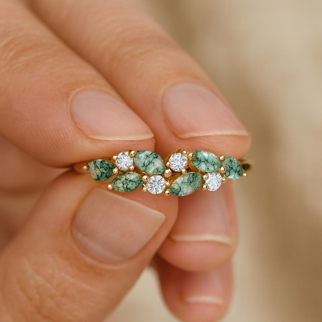 Wedding Engagement Anniversary Promise Gift – Natural Moss Agate Ring, Yellow Gold Plated Nature Inspired Green Gemstone Bridal Jewelry