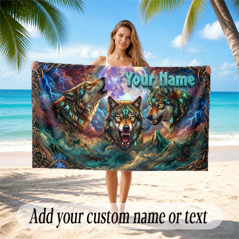 Wolf Theme Beach Towel Personalized Custom Name & Text Soft Quick Dry Beach Towel for Swimming Travel